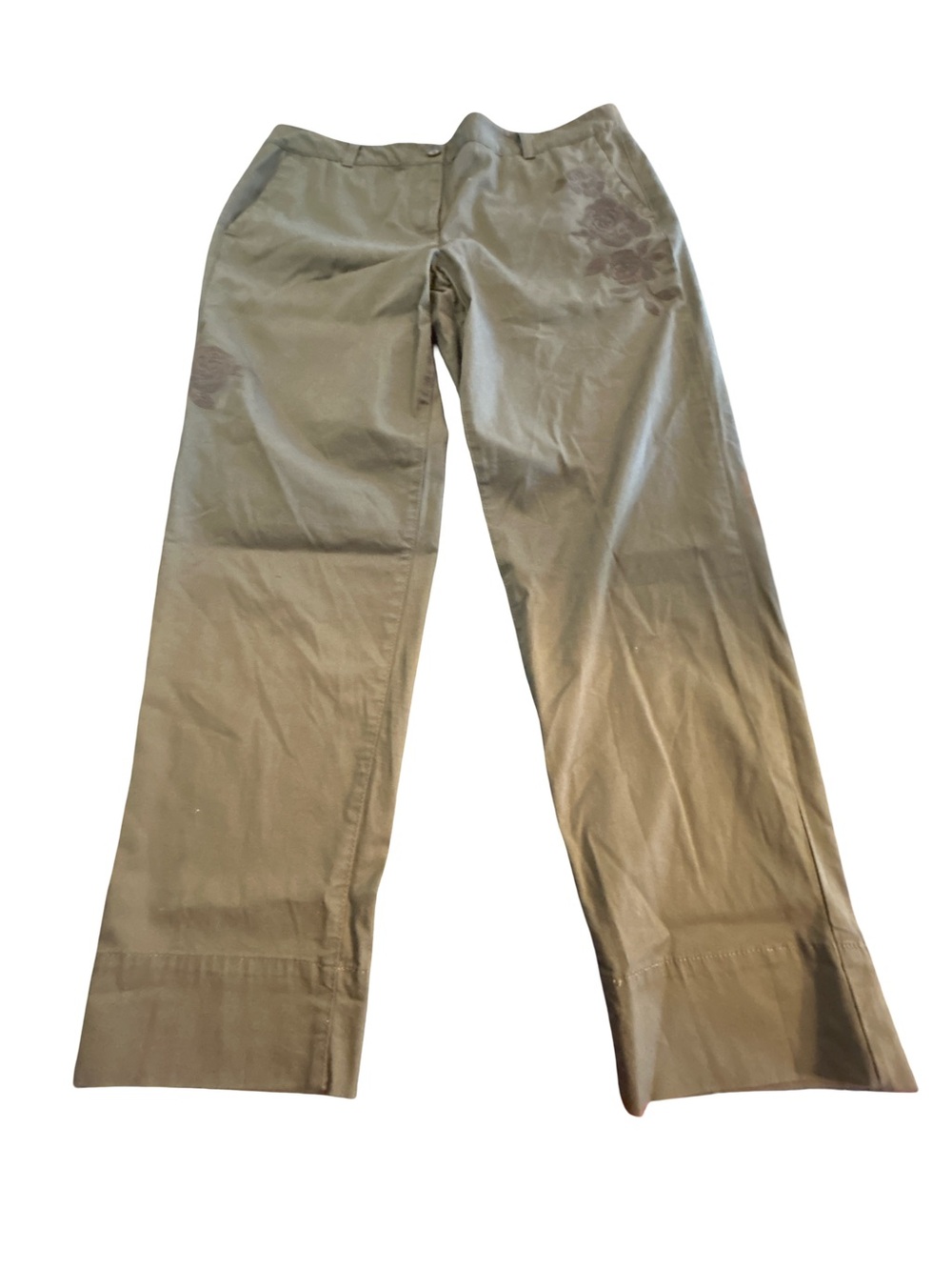 Talbots The Weekend Chino Olive Floral Embroidered Pants Size 14 Cottagecore